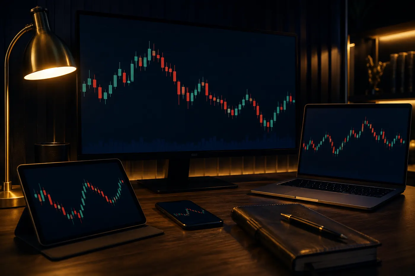 A dark desk setup with monitor, tablet, laptop and phone showing abstract candlestick charts, alongside a leather journal and lamp