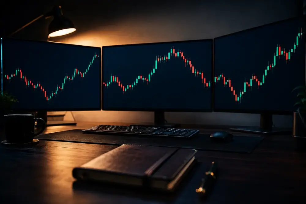Abstract candlestick charts on desk monitors beside a notebook and pen