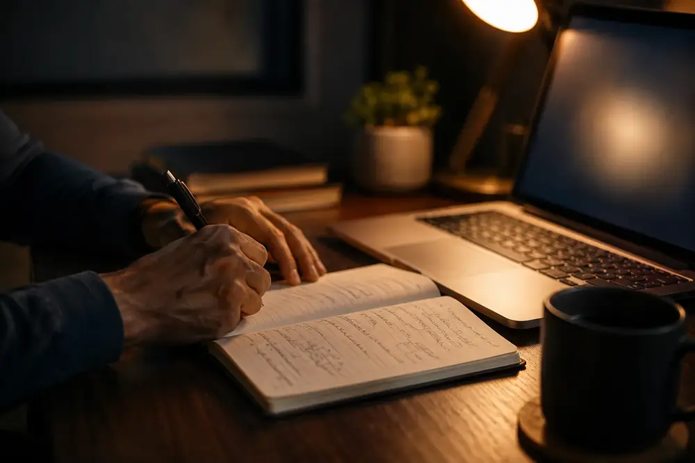 Hands writing in a notebook beside a laptop in the evening