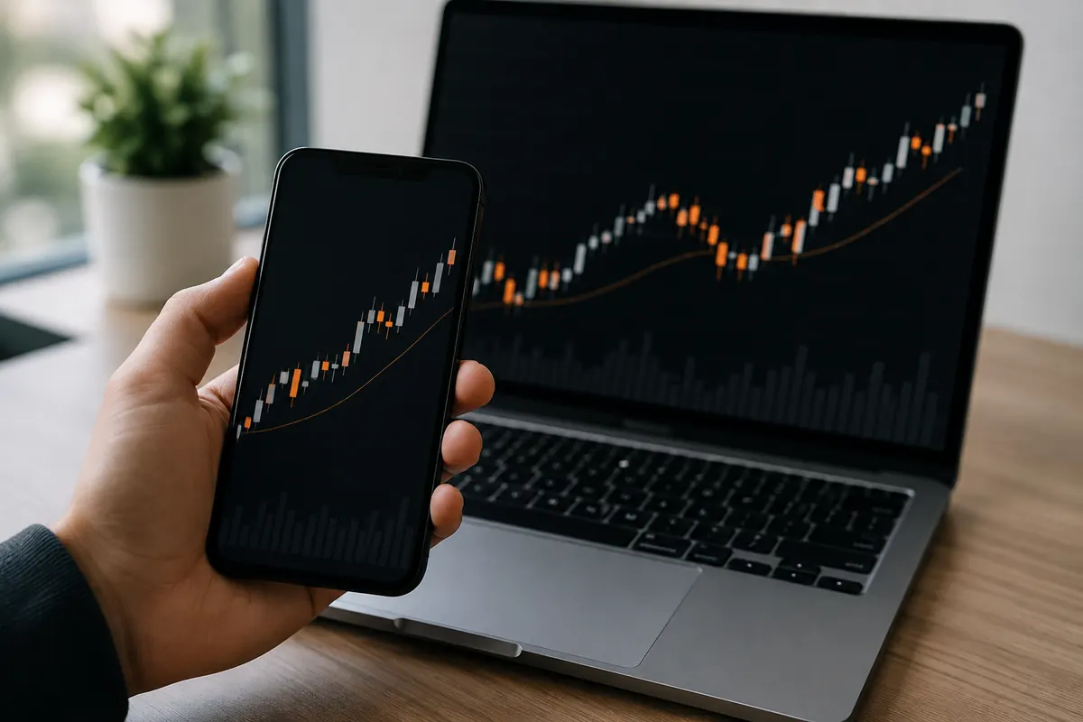 Checking market charts on phone and laptop