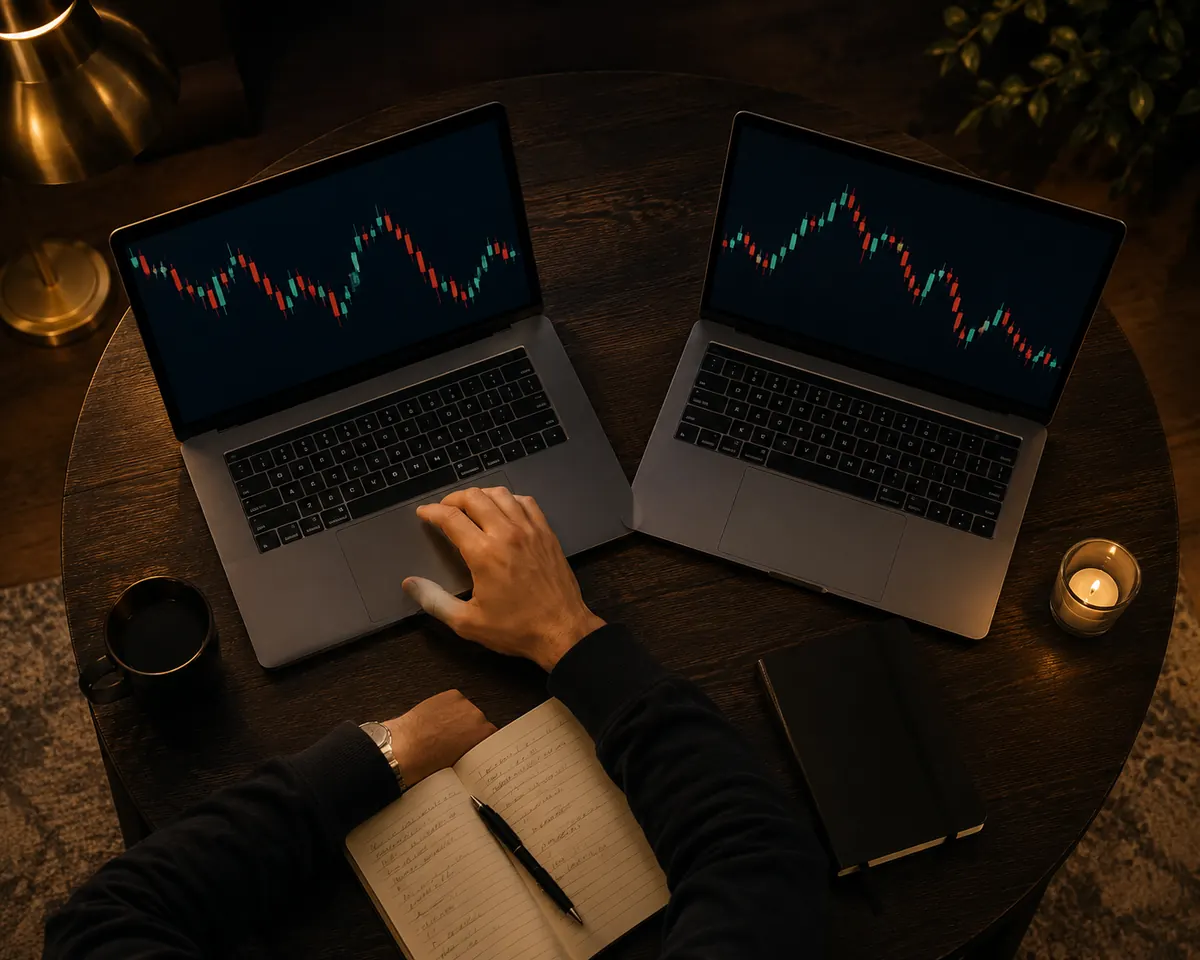 Trader studying charts on two laptops